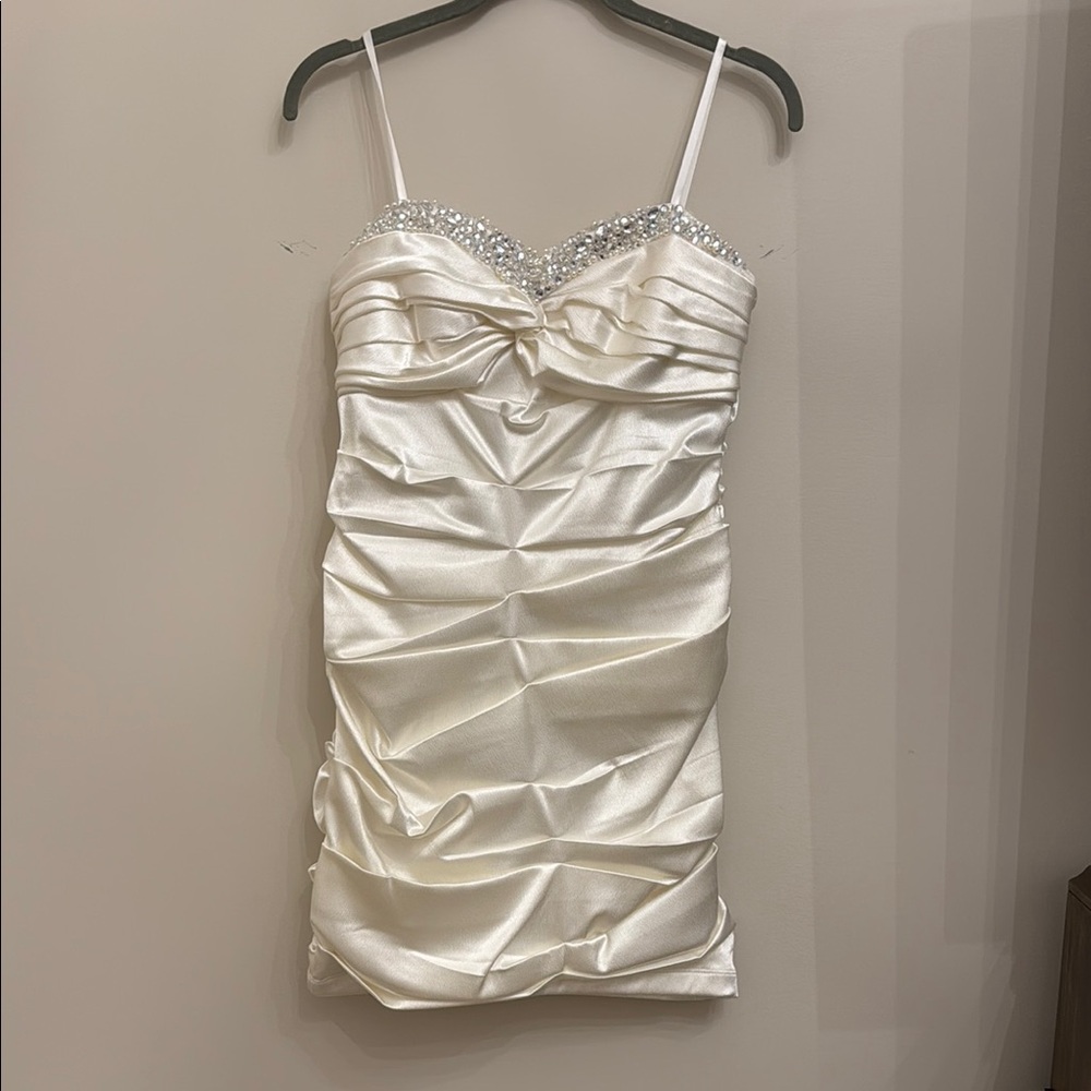 White Ruched Spaghetti Strap Mini Dress